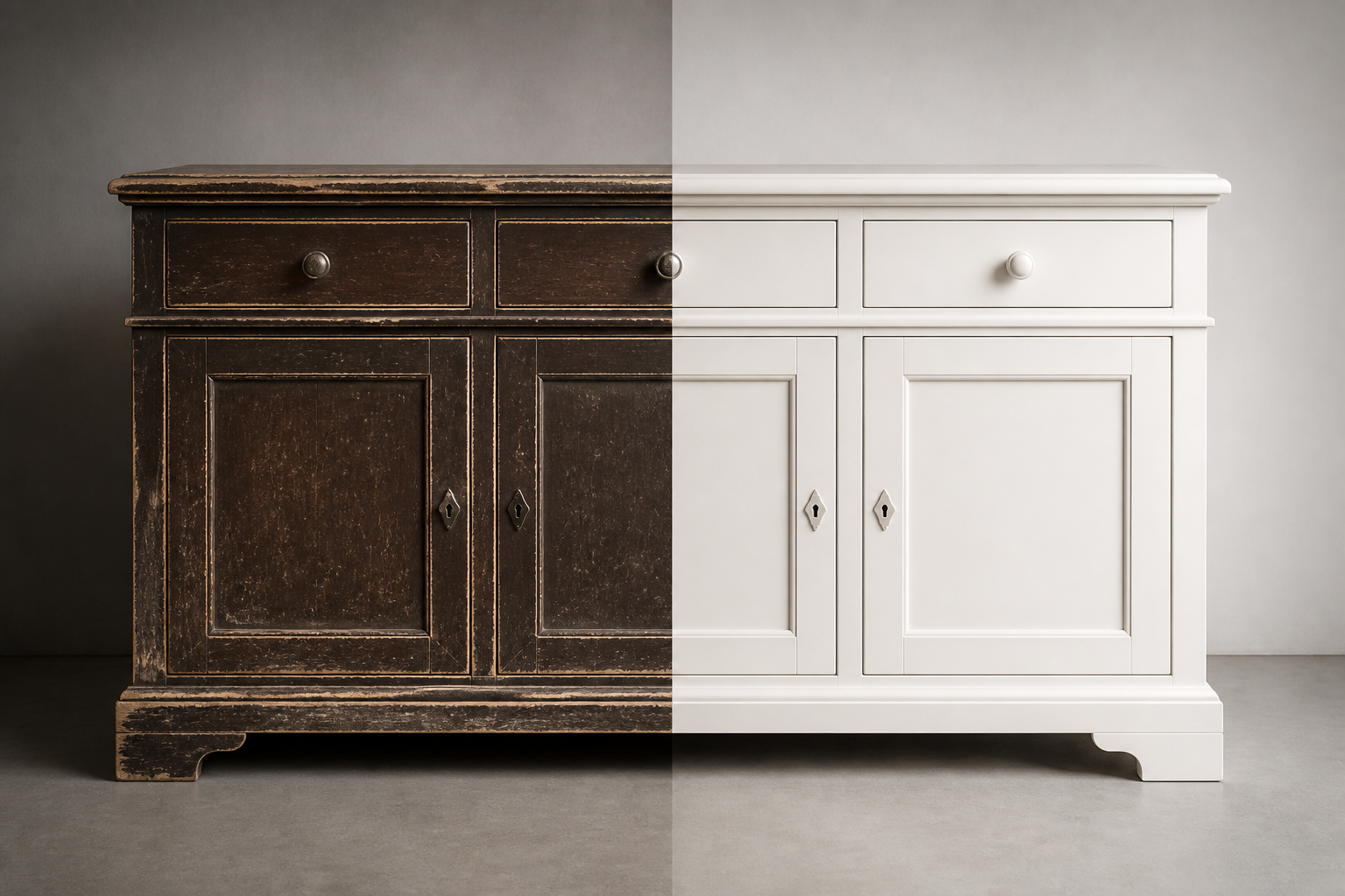 Antes y después de un aparador de madera oscura laqueado en blanco