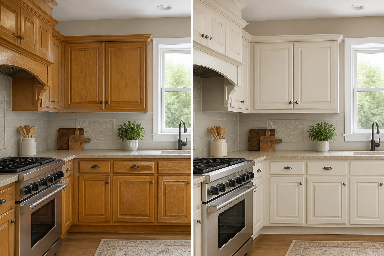 Antes y después de una cocina laqueada en blanco, de madera color miel a blanco mate
