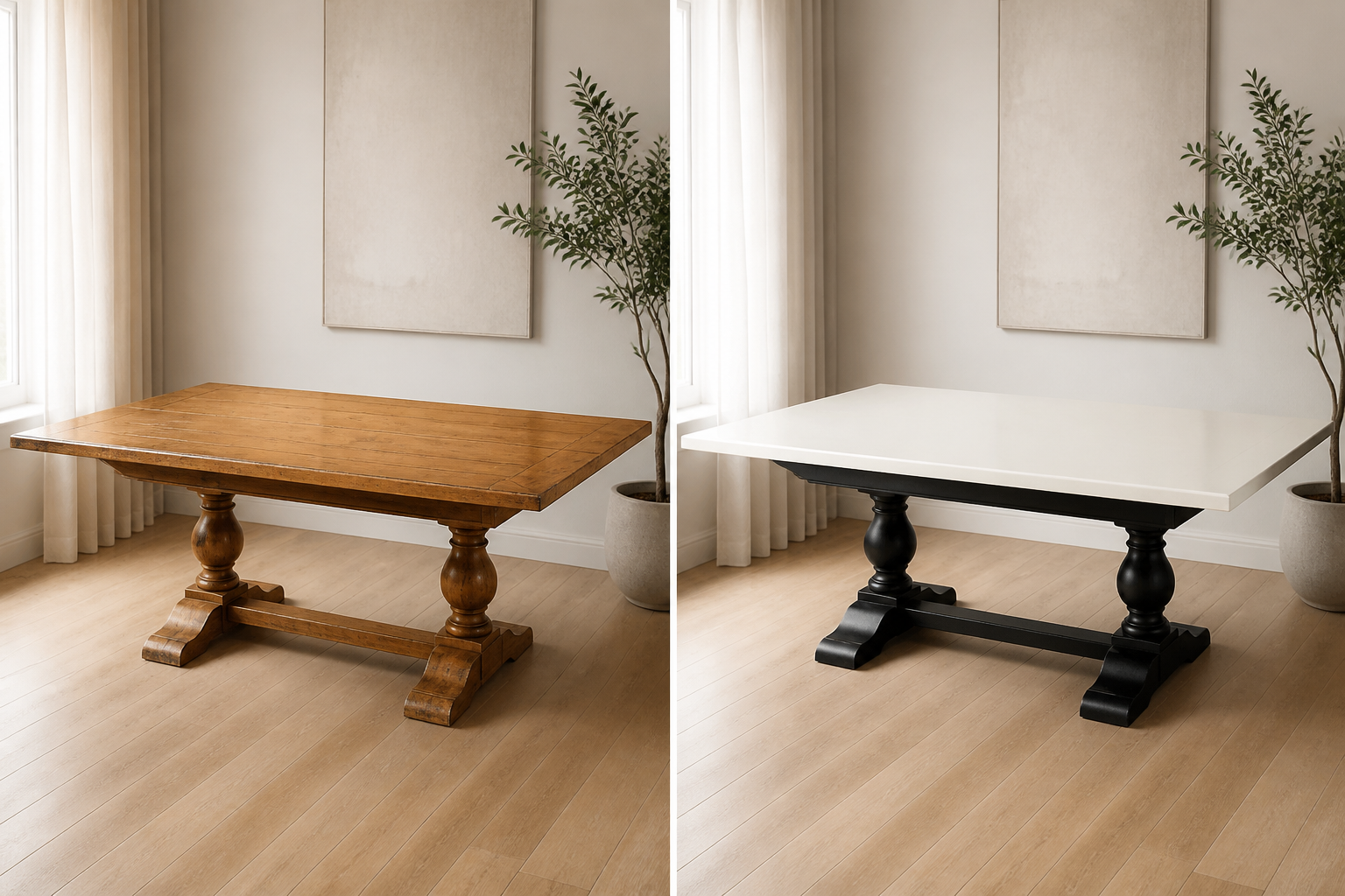 Antes y después de una mesa de madera laqueada en blanco con base negra