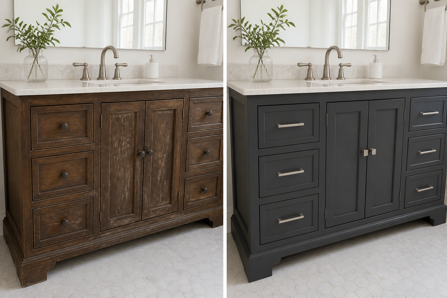 Antes y después de un mueble de baño laqueado en gris grafito