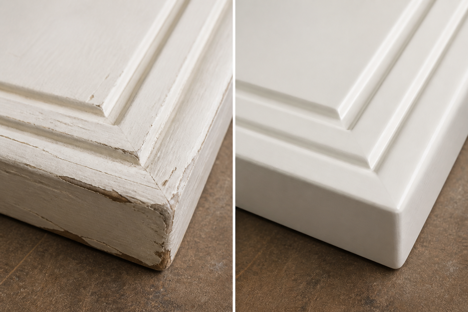 Antes y después de una esquina de mueble restaurada y laqueada en blanco