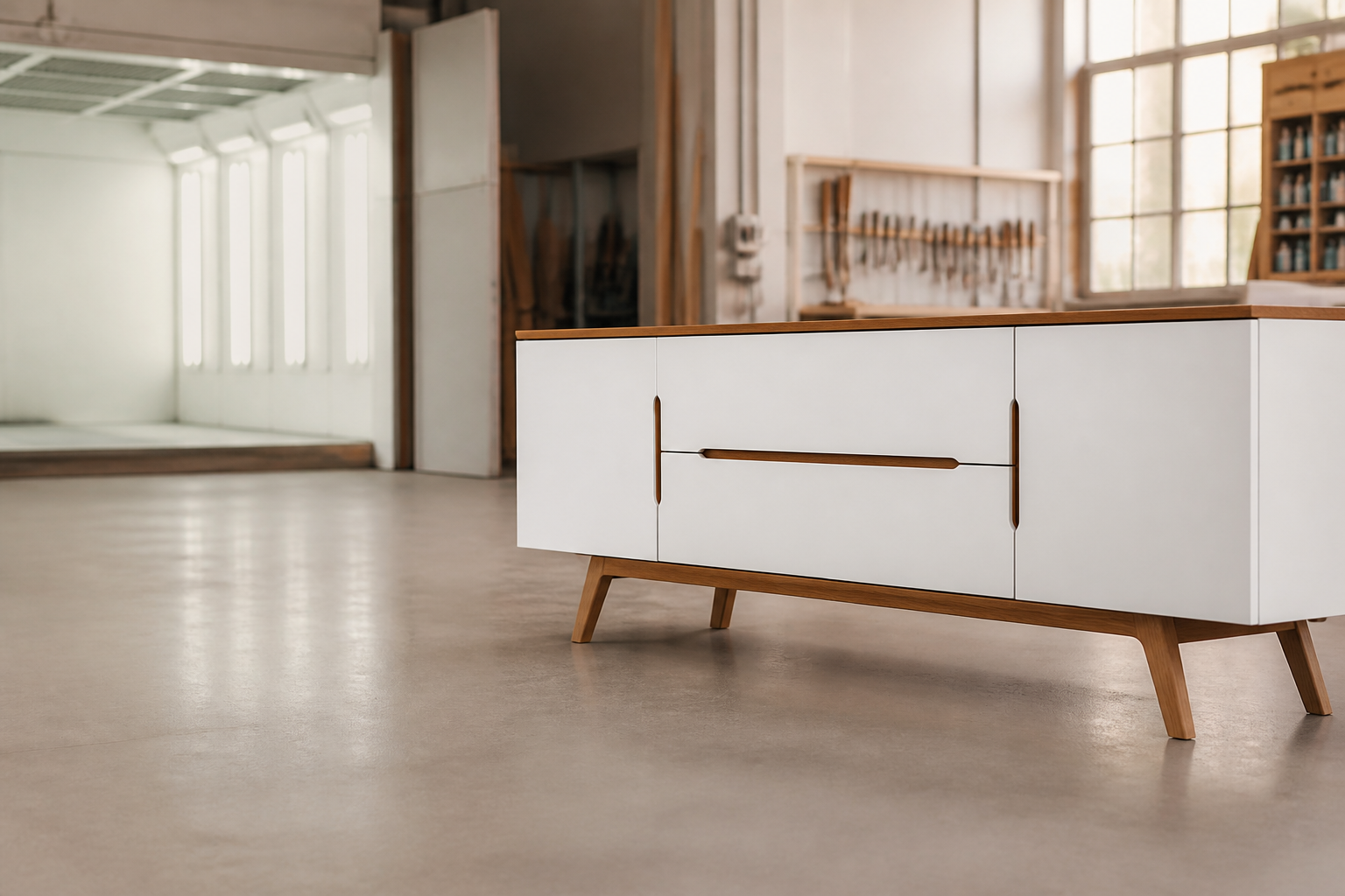 Aparador laqueado en blanco con detalles de madera, en un taller de carpintería