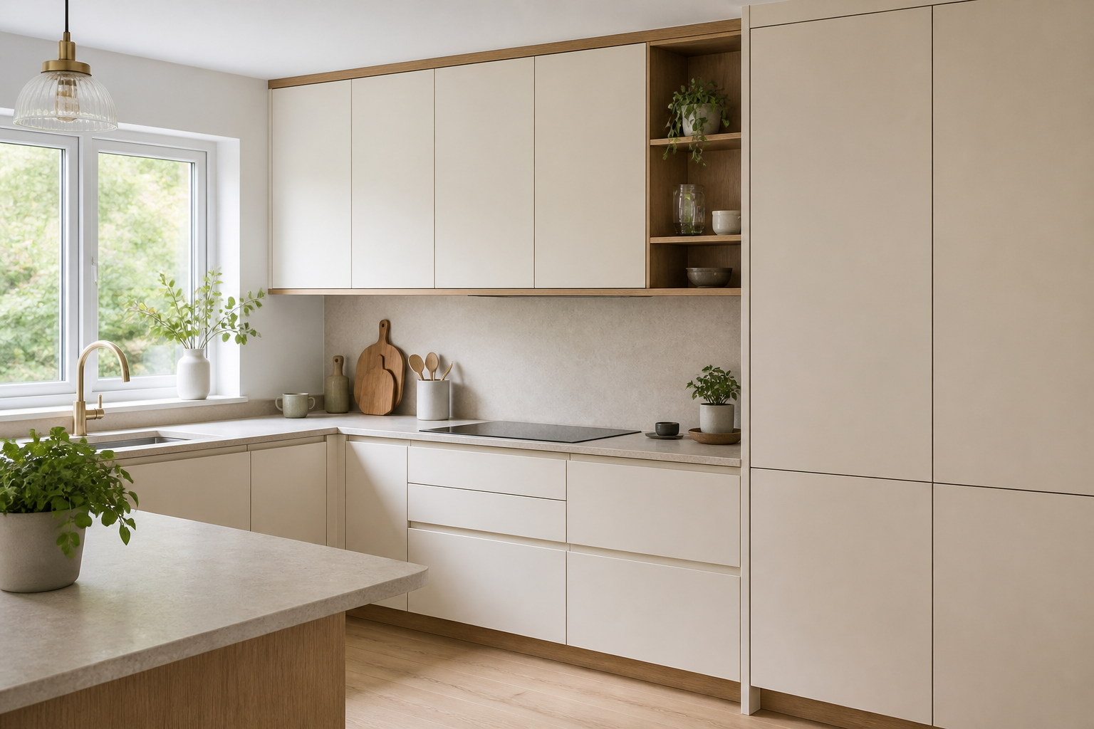 Cocina moderna con muebles laqueados color crema y herrajes dorados